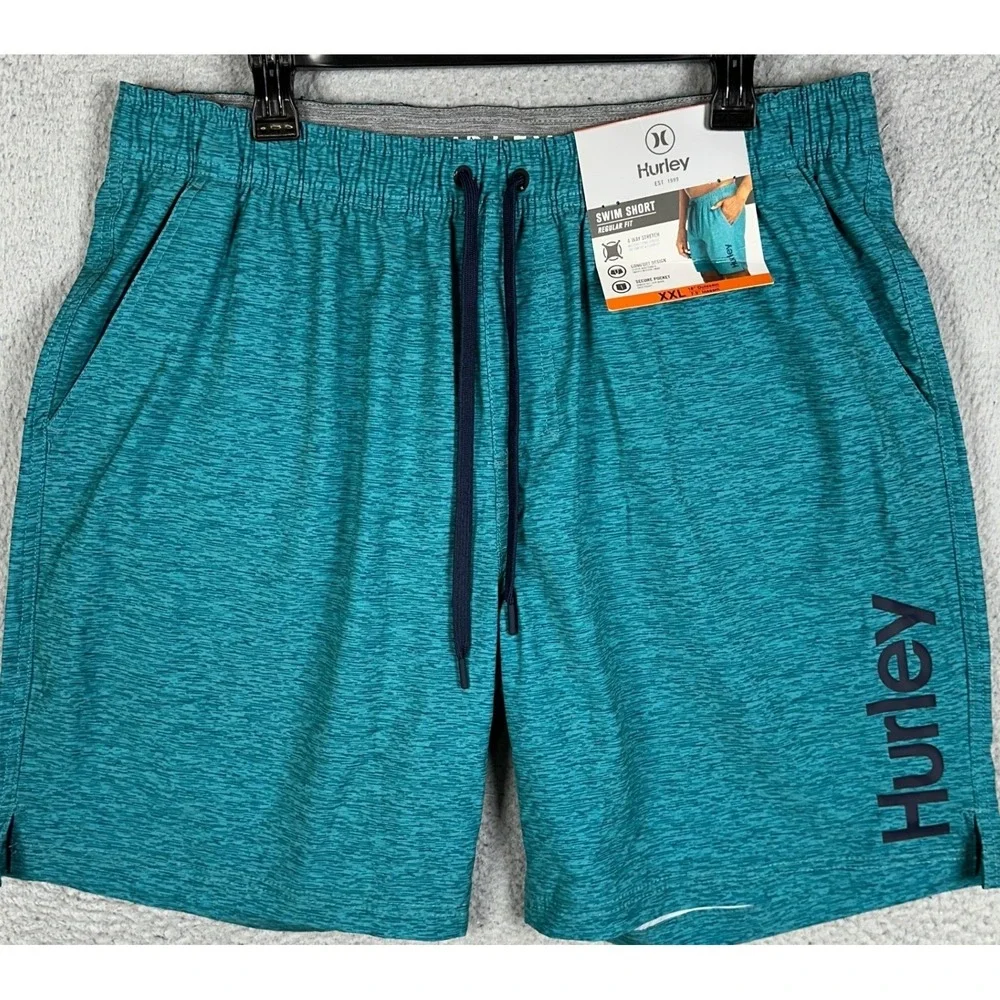 NEW Hurley Swim Shorts Mens 2XL Teal Blue Heather Lined Swimtrunks Board Shorts